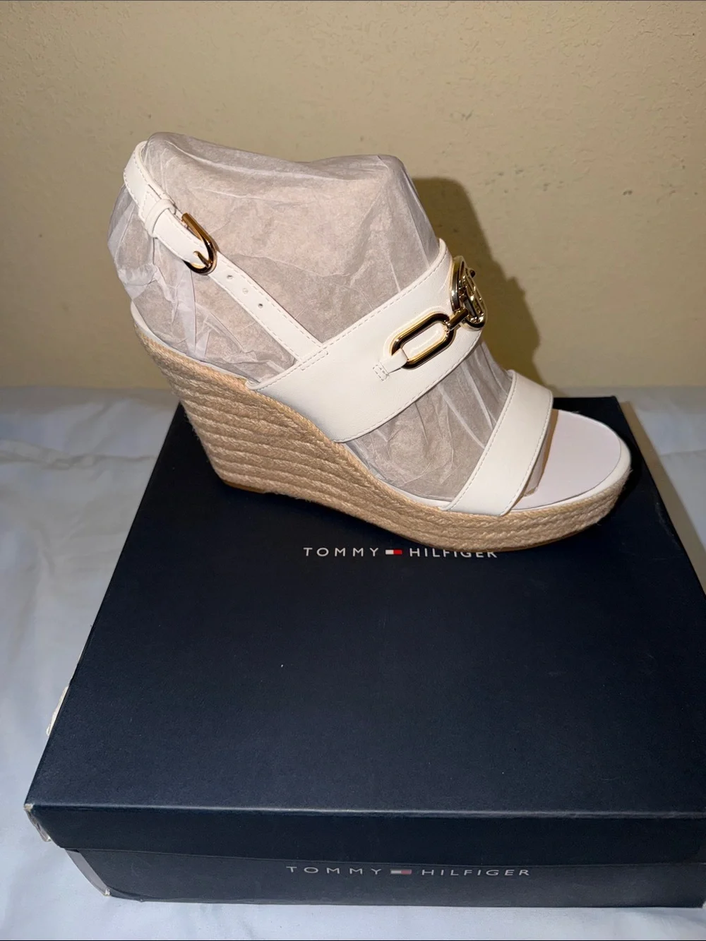 Tommy Hilfiger White Espadrille Platform Sandal with Gold-Tone Logo